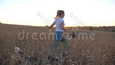 年轻女孩手里拿着金色麦秆，用皮带在草地上慢跑